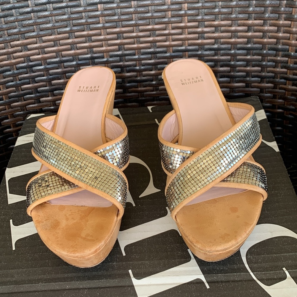 Stuart Weitzman Sequin Cross Over Leather Straps … - image 2